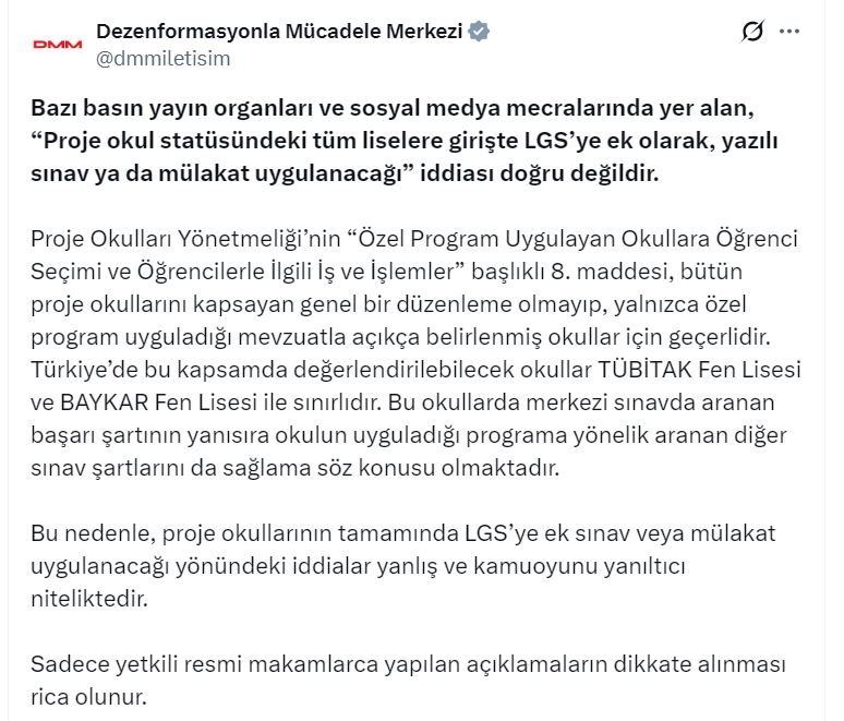 Proje Okullarına Ek Sınav Yapılacağı Iddiaları Yalanlandı
