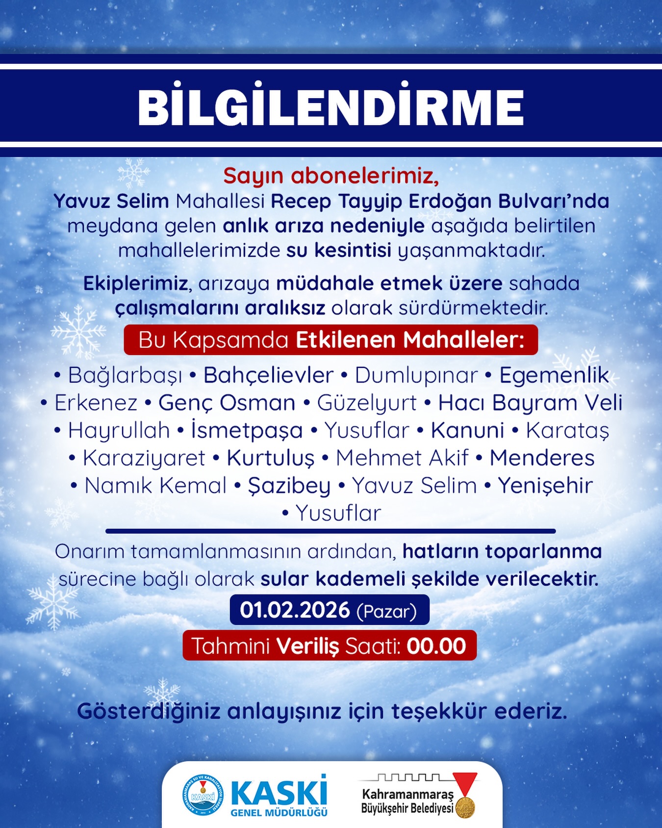 Kahramanmaraş’ta 22 mahallede su kesintisi yaşanacak