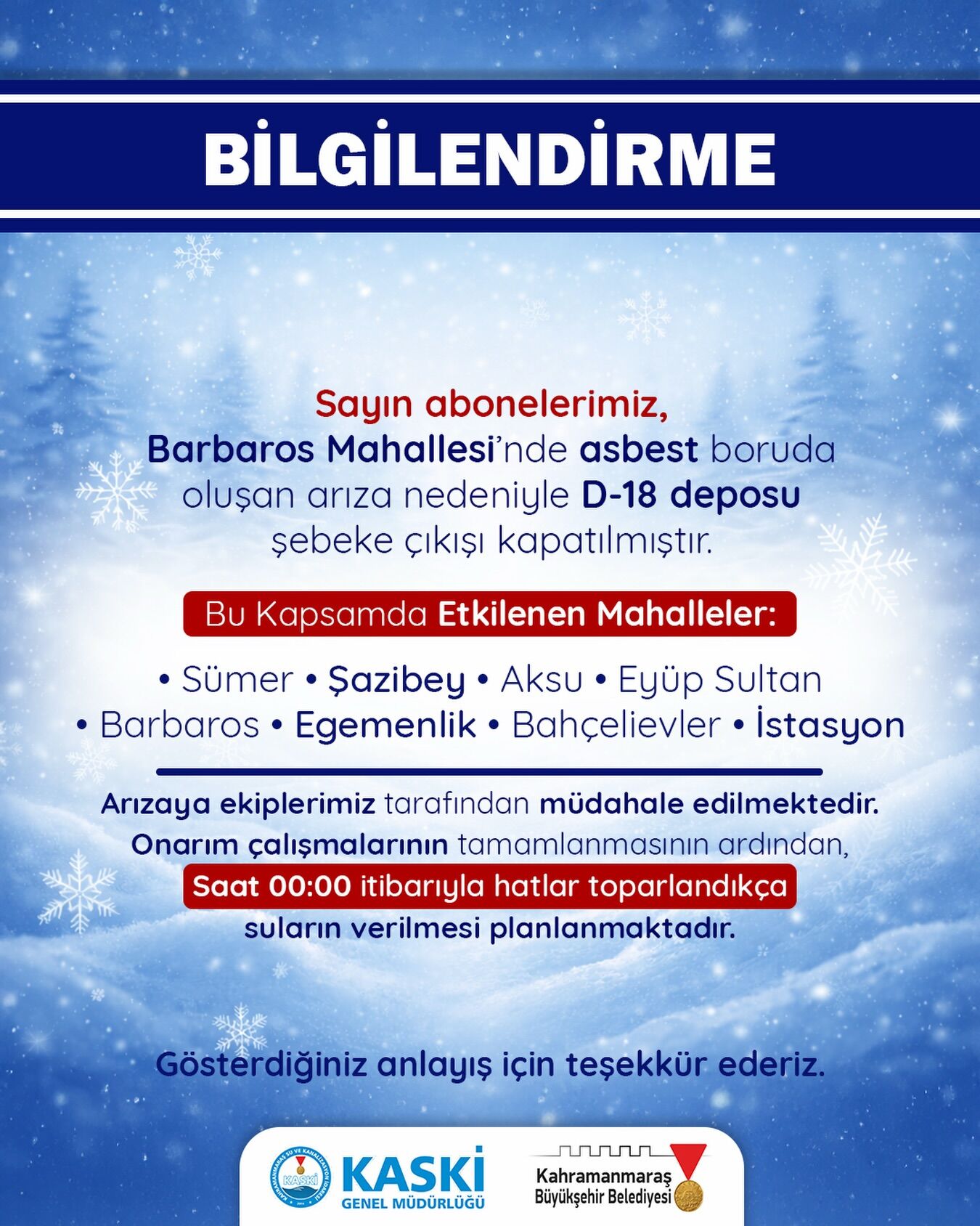 Kahramanmaraş'ta 8 mahallede su kesintisi