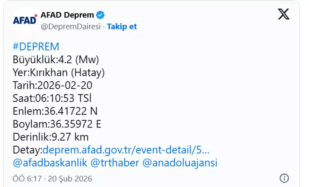 Hatay'da 4.2 Büyüklüğünde Deprem! Afad Duyurdu