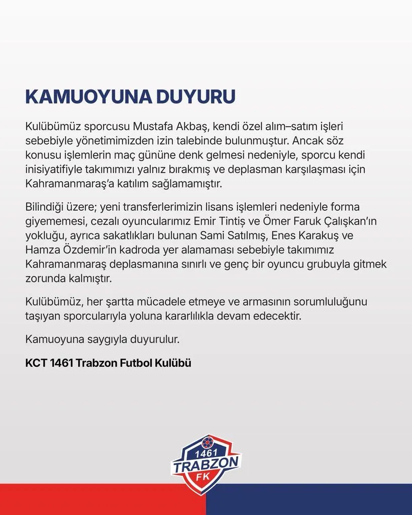 Kahramanmaraş İstiklalspor'un Rakibi 1461 Trabzon Fk'da Kadro Dışı Şoku-1