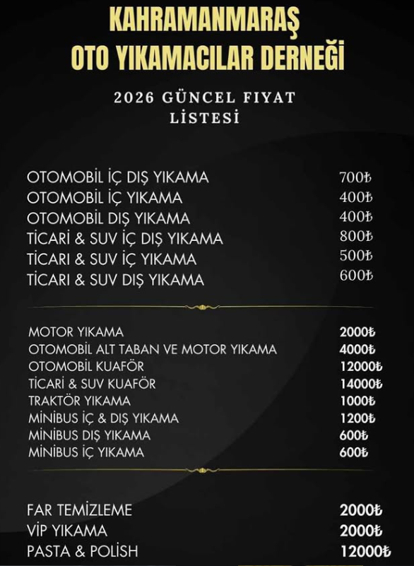 Kahramanmaraş’ta 2026 Oto Yıkama Fiyatları Açıklandı