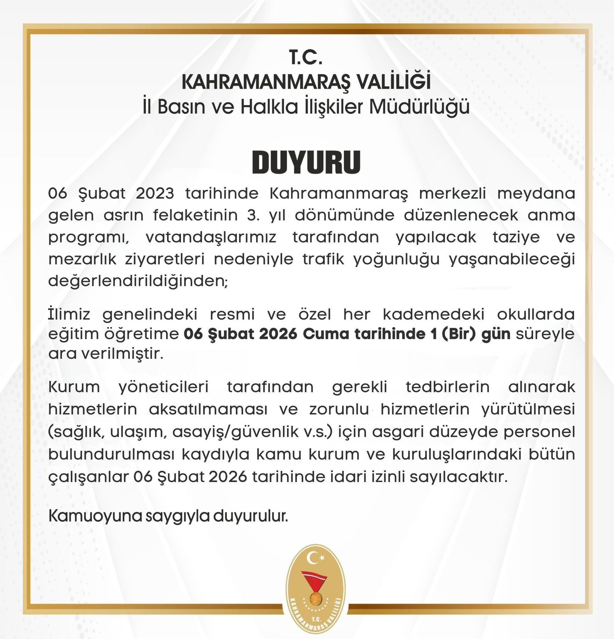 Kahramanmaraş’ta 6 Şubat 2026’Da Okullara 1 Gün Ara Verildi