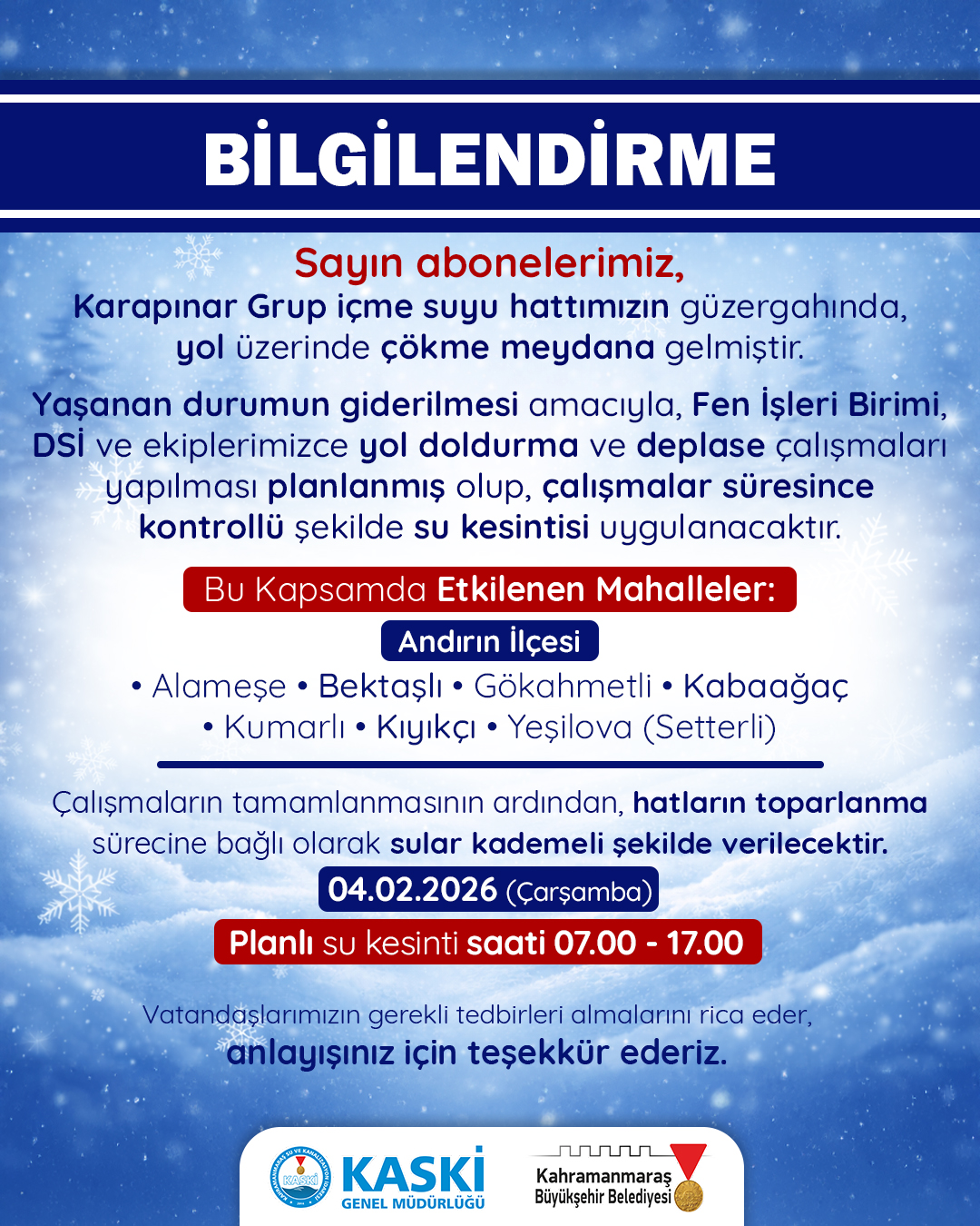 Kahramanmaraş’ta 7 Mahallede Su Kesintisi Uyarısı