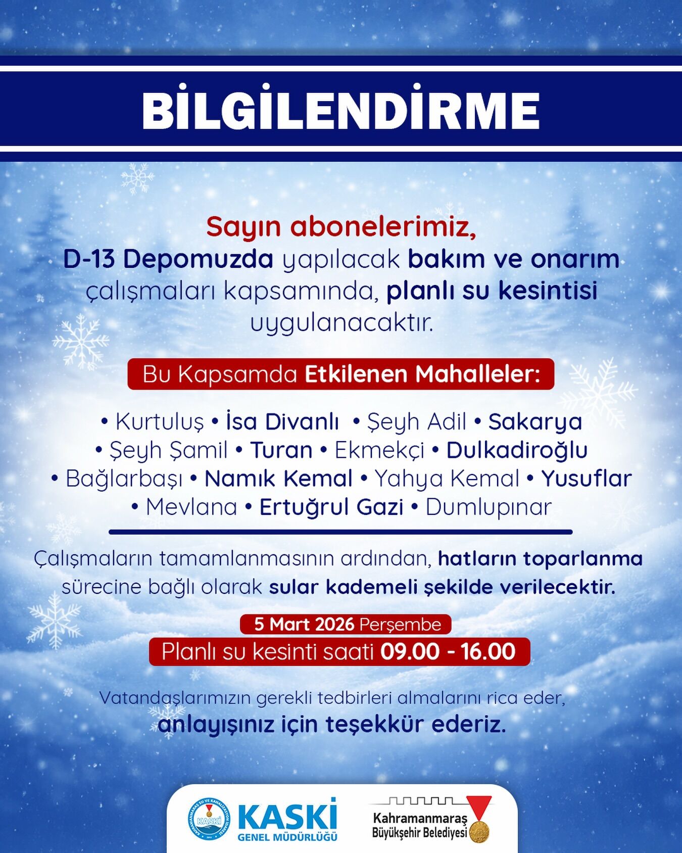 Kahramanmaraş’ta 15 mahallede planlı su kesintisi