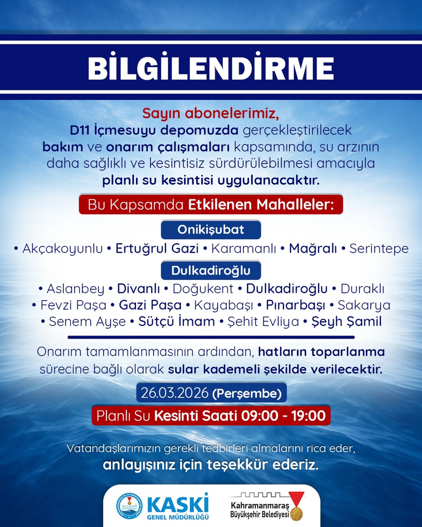 Kahramanmaraş'ta 19 mahallede su kesintisi! Saat 19.00’a kadar sürecek-1