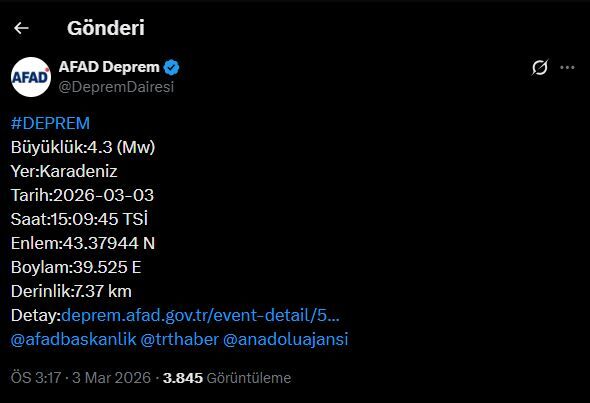 Afad Karadeniz Deprem