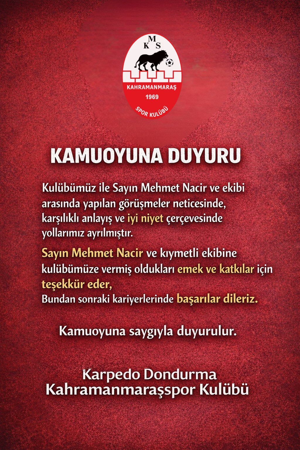 Kahramanmaraşspor’da Teknik Direktör Mehmet Nacir