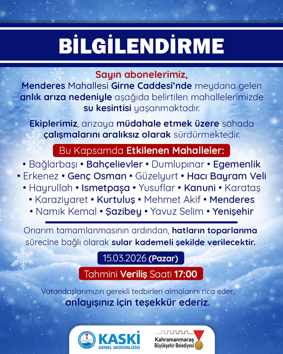 Kahramanmaraş'ta 21 Mahallede Su Kesintisi! İşte O Bölgeler