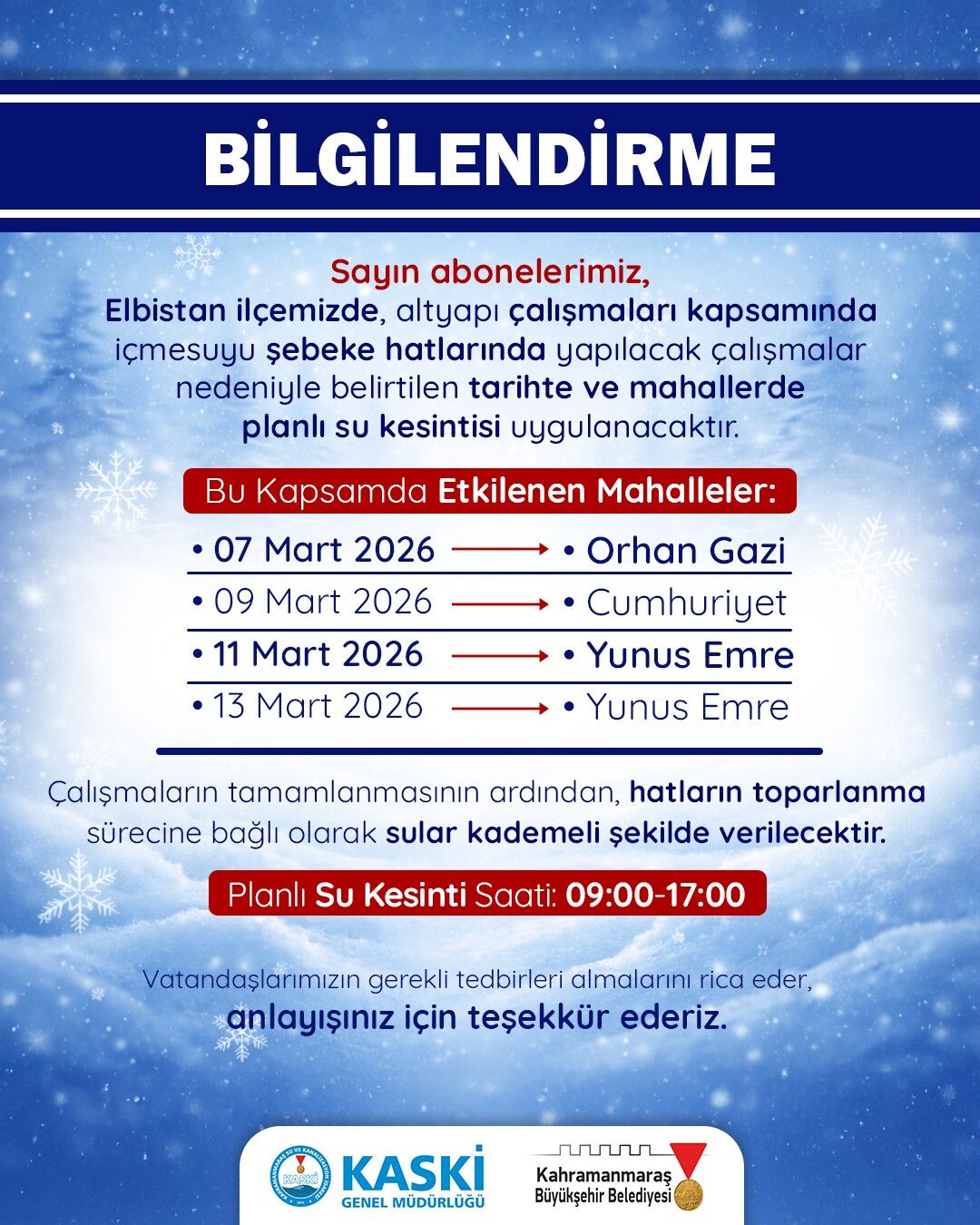 Kahramanmaraş’ta 4 Günlük Planlı Su Kesintisi