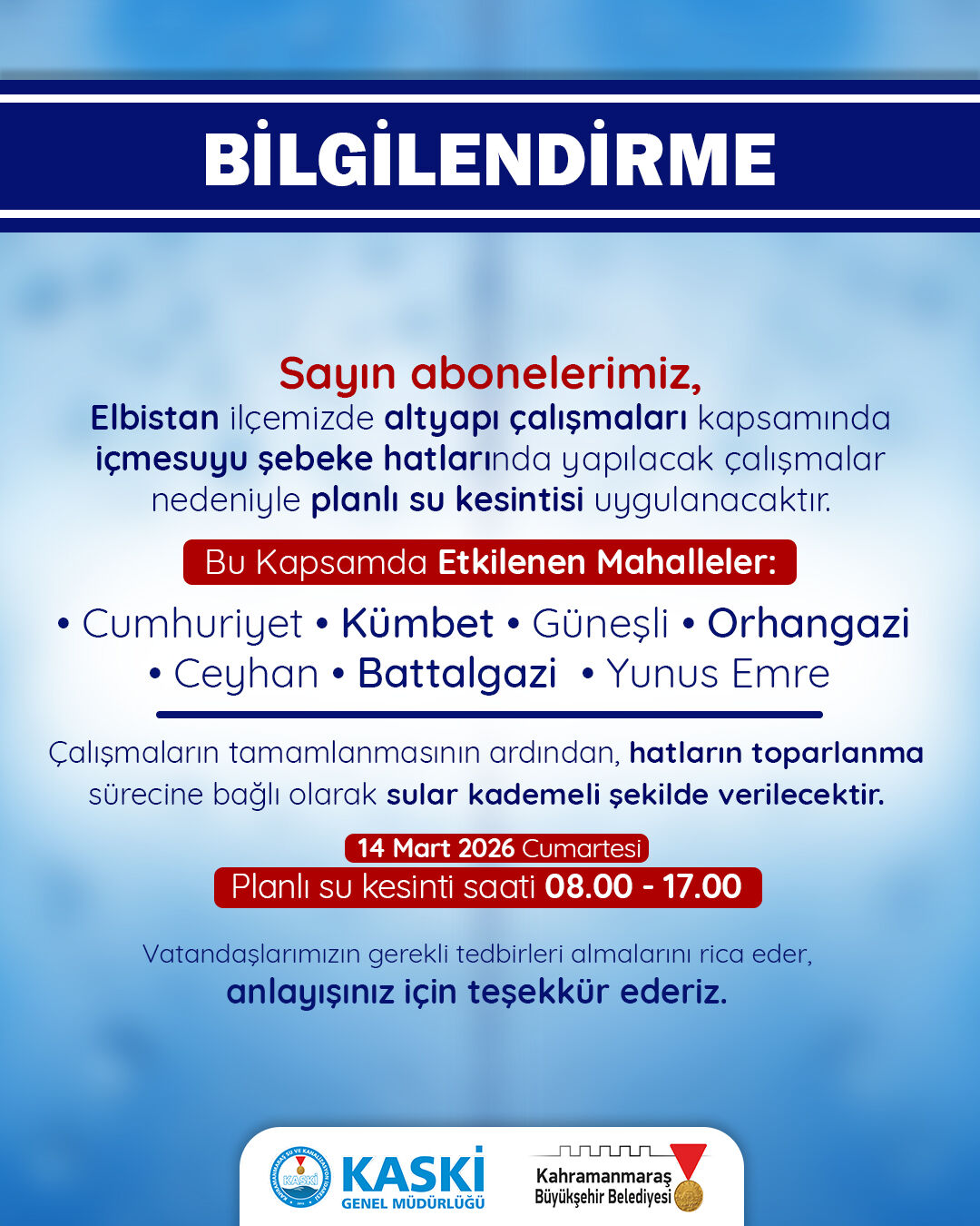 Kahramanmaraş'ta 7 Mahallede Su Kesintisi! İşte O Bölgeler