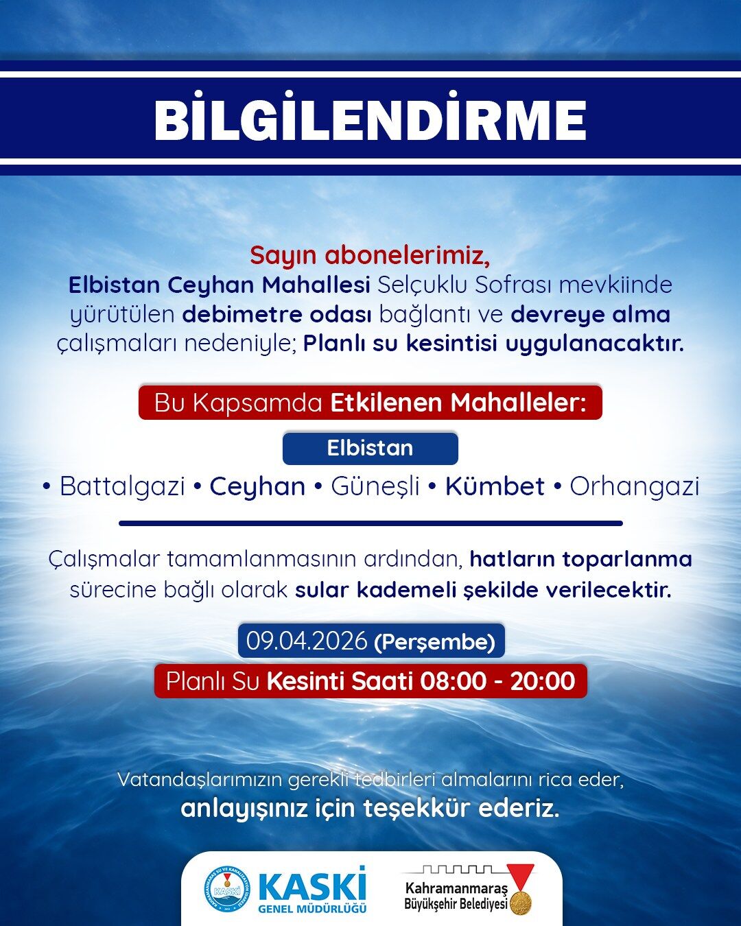 Kahramanmaraş’ta 12 saatlik su kesintisi: Hangi ilçeler etkilenecek?