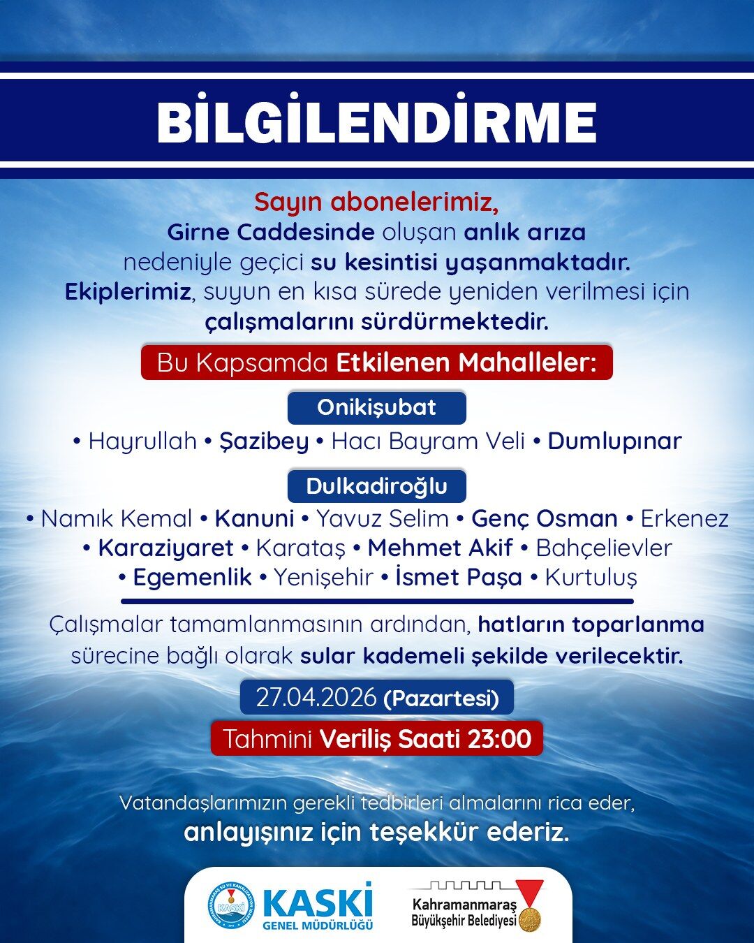 Kahramanmaraş’ta 8 saatlik su kesintisi: Hangi ilçeler etkilenecek?-1