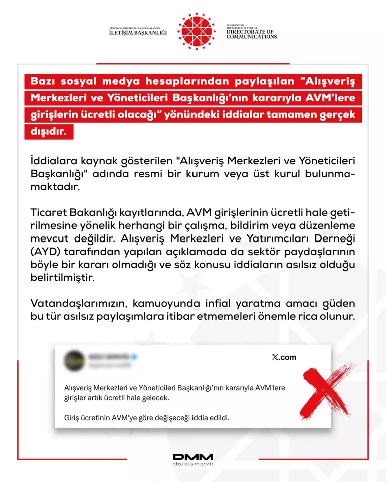 DMM'den 'AVM girişleri ücretli olacak' iddialarına açıklama