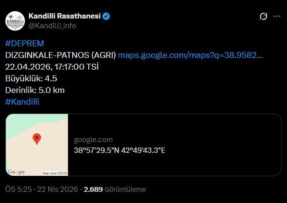 Ağrı'da 4,5 Büyüklüğünde Deprem