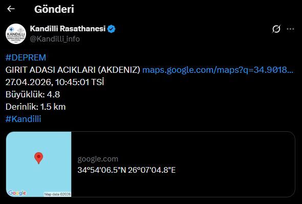 Akdeniz'de 4.0 Büyüklüğünde Korkutan Deprem