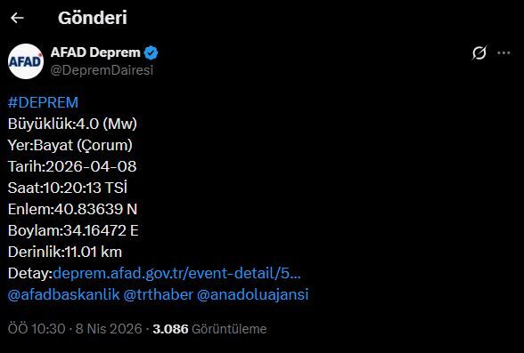 Çorum'da 4 Büyüklüğünde Deprem