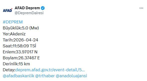 Akdeniz'de 5 büyüklüğünde deprem