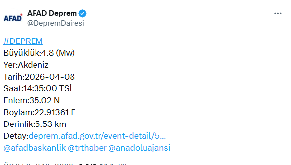 Akdeniz'de 4.8 büyüklüğünde deprem