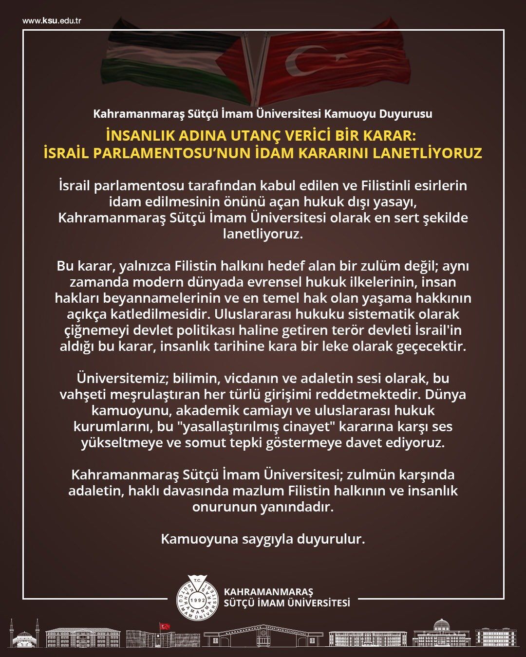 Kahramanmaraş Sütçü İmam Üniversitesi'nden İsrail'in idam kararına tepki-1