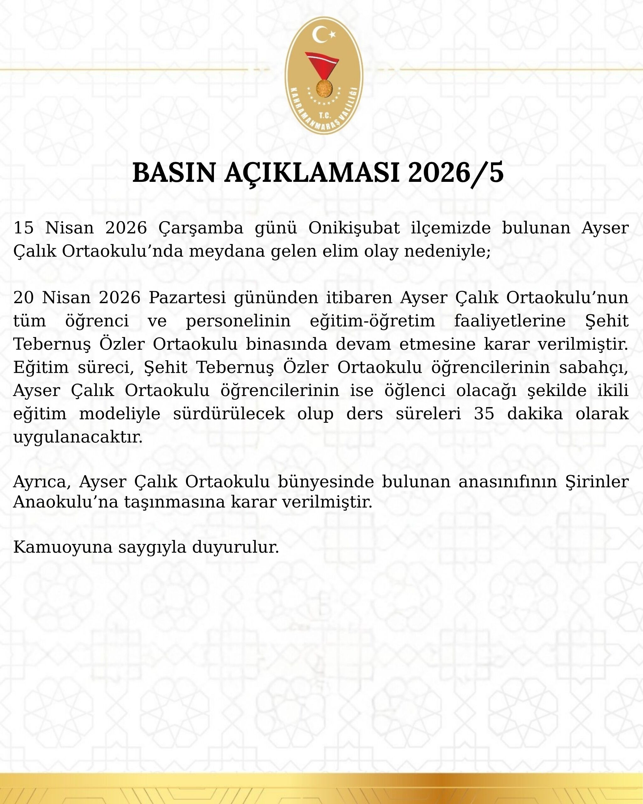 Kahramanmaraş Valiliği Açıkladı Ayser Çalık Ortaokulu Eğitime Farklı Binada Devam Edecek-1
