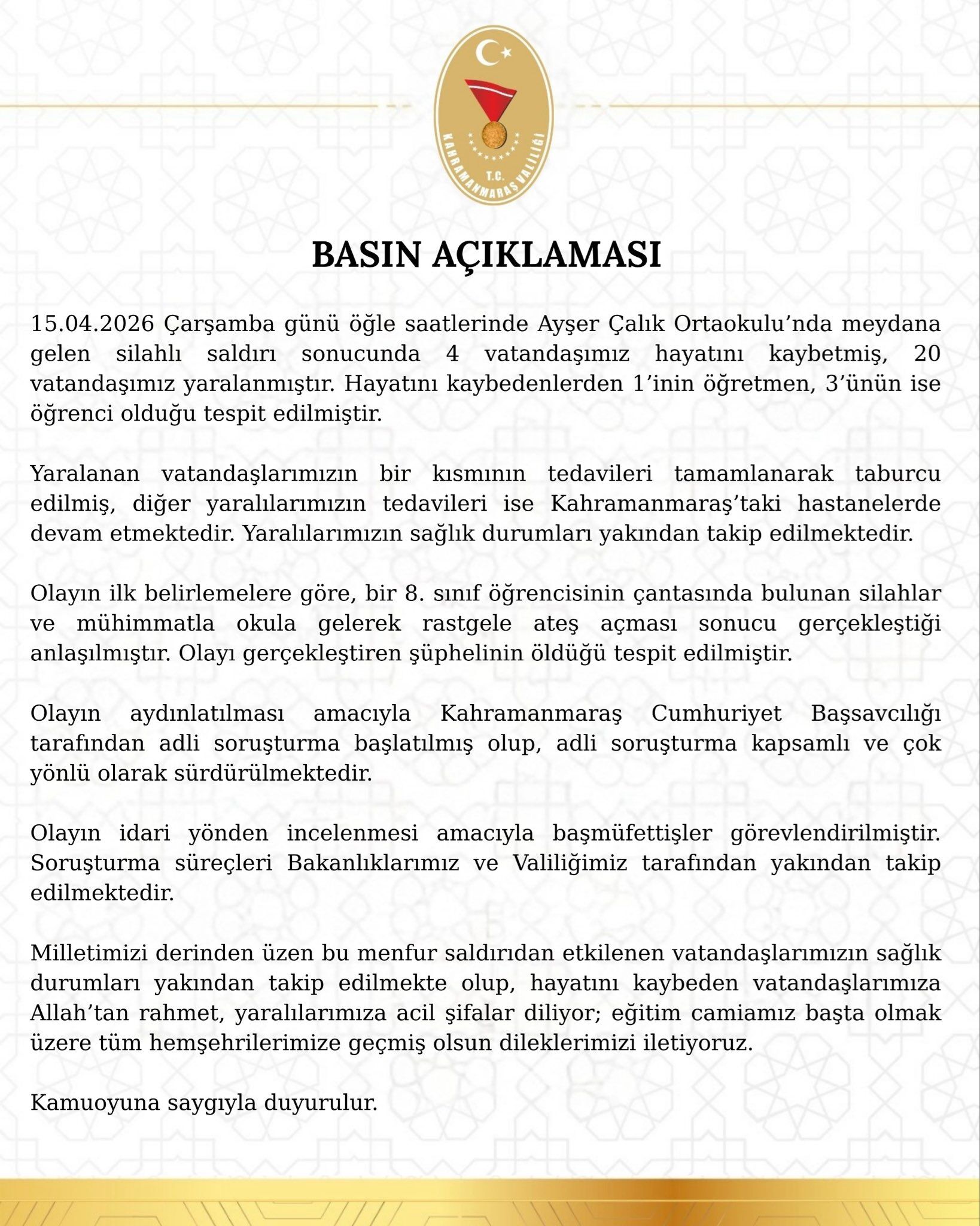 Kahramanmaraş Valiliği'nden 'Okul Saldırısı' Açıklaması-1
