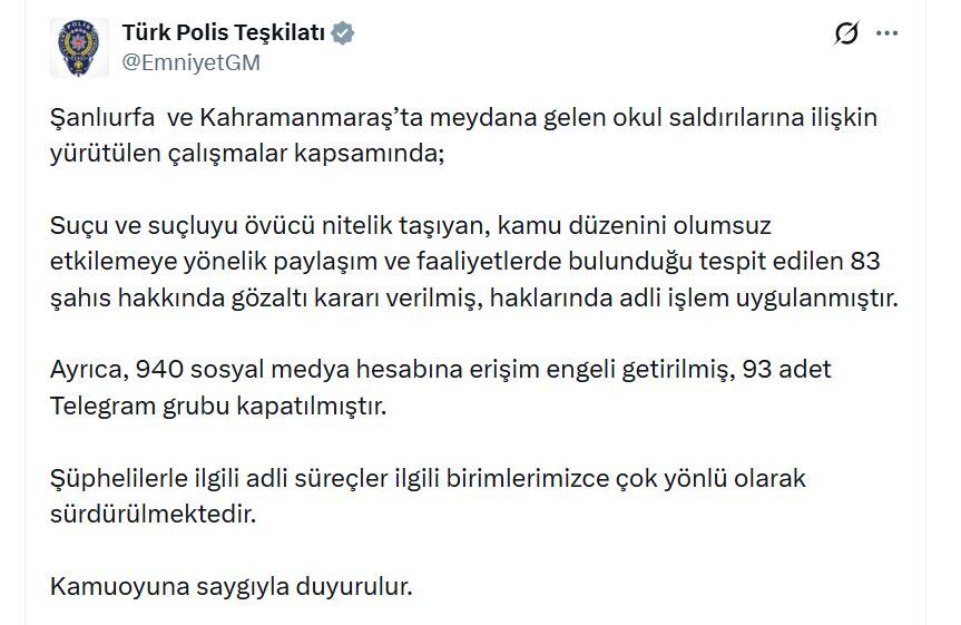 Kahramanmaraş’ta Okul Saldırısı Paylaşımlarına Operasyon 83 Kişi Gözaltına Alındı