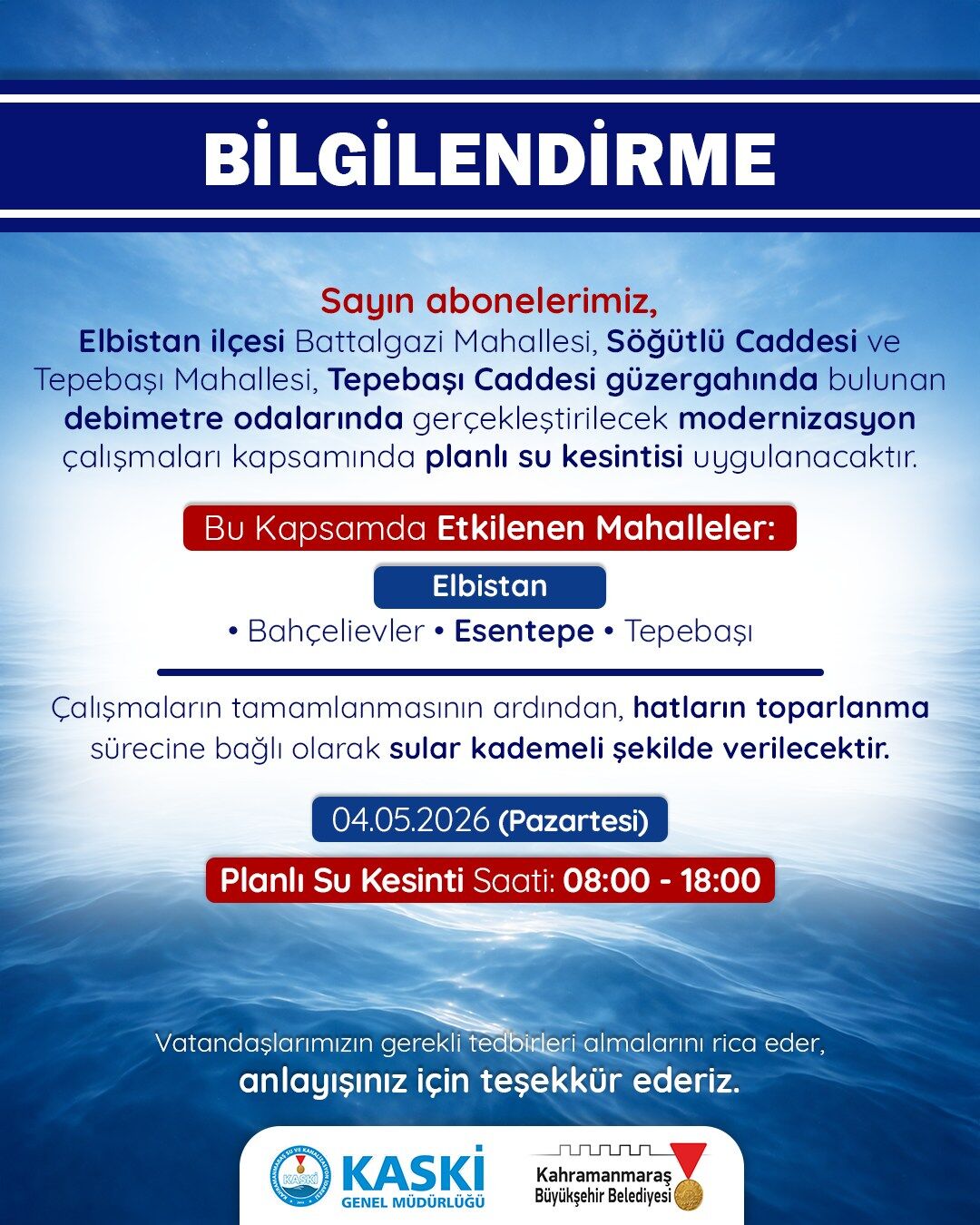 Kahramanmaraş’ta 10 saatlik su kesintisi: Hangi ilçeler etkilenecek?