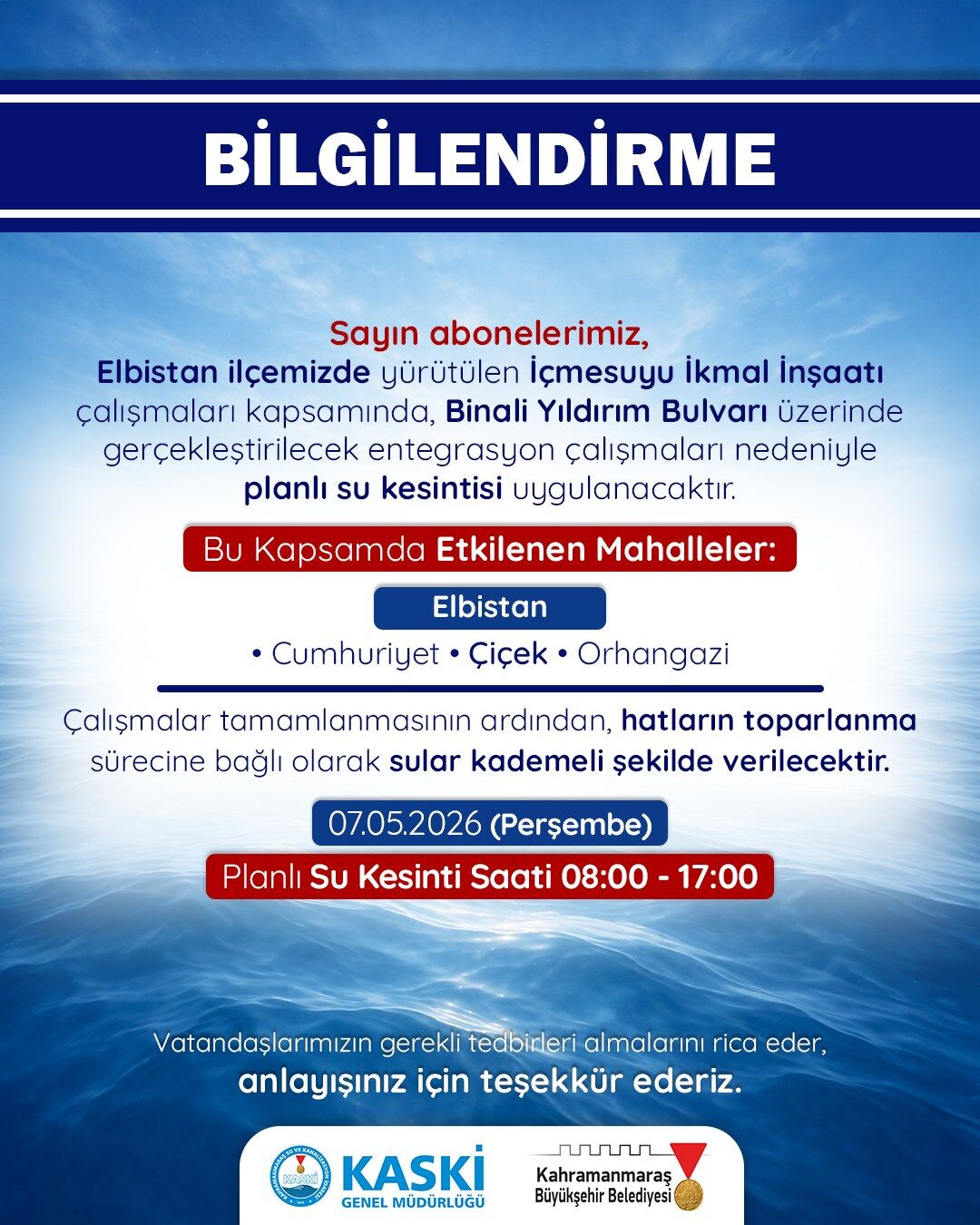 Kahramanmaraş’ta 9 saatlik su kesintisi: Hangi ilçeler etkilenecek?