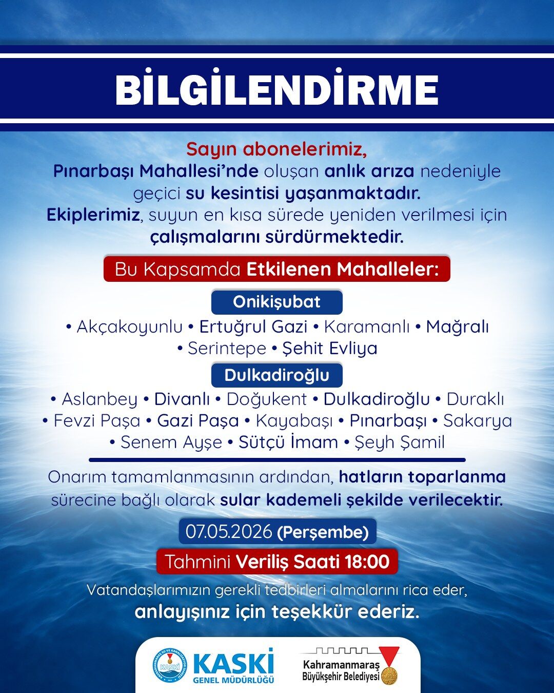 Kahramanmaraş’ta 7 saatlik su kesintisi: Hangi ilçeler etkilenecek?