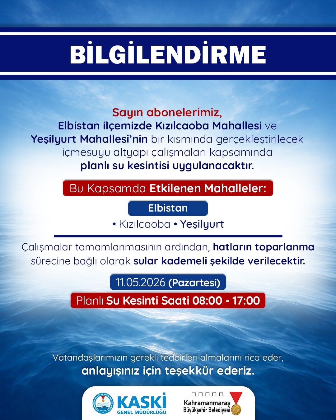 Kahramanmaraş’ta 10 saatlik su kesintisi: Hangi ilçeler etkilenecek?-1