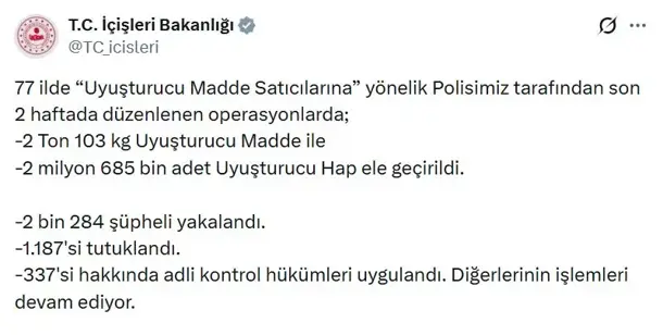 77 ilde uyuşturucu operasyonu: 1187 tutuklama