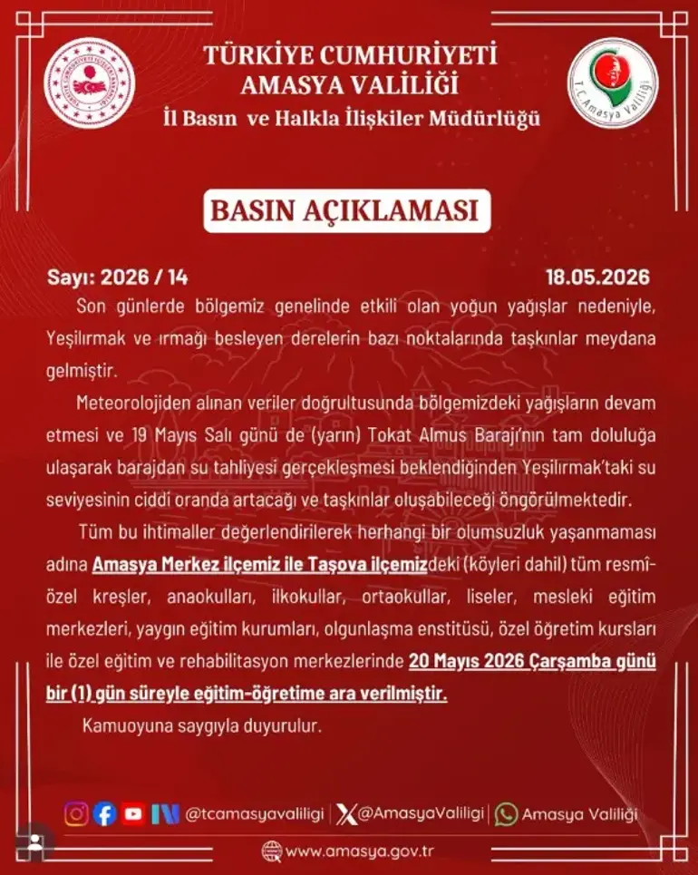 Amasya’da eğitime 1 gün ara verildi-1