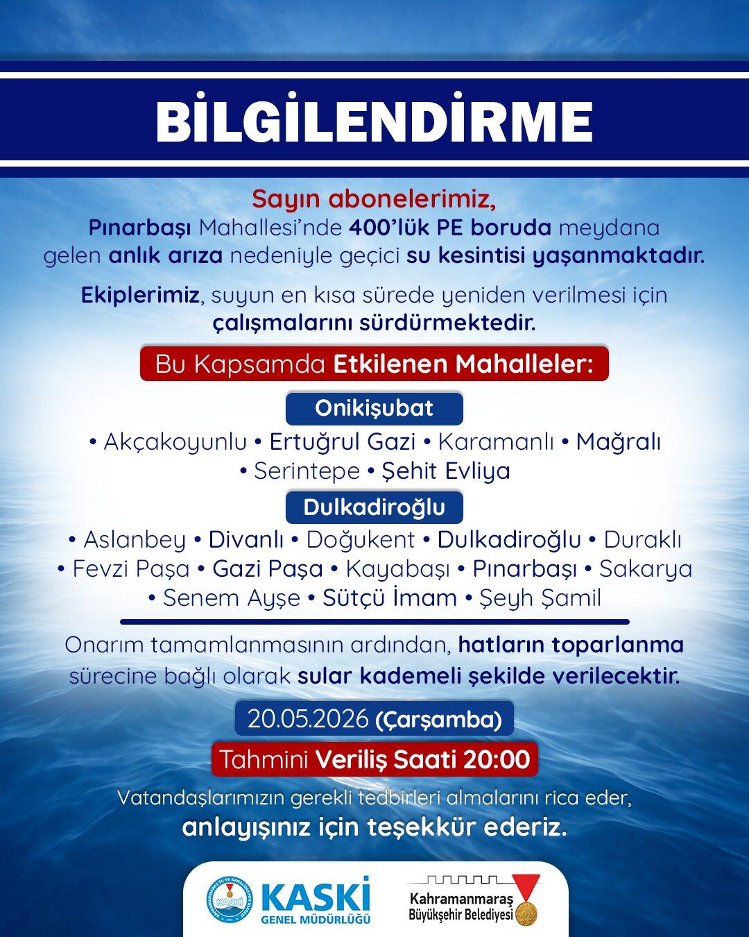 Kahramanmaraş’ta 6 saatlik su kesintisi: Hangi ilçeler etkilenecek?-1