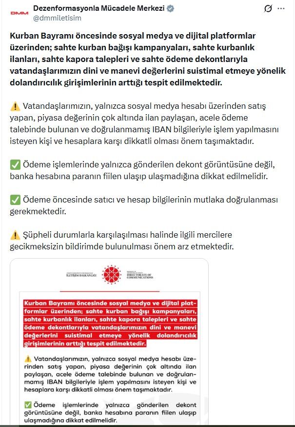 İletişim Başkanlığı'ndan Kurban Dolandırıcılığı Uyarısı
