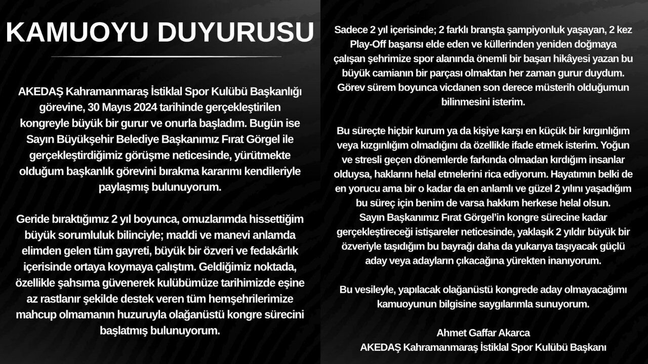 İstiklal Spor Başkanı Ahmet Gaffar Akarca Görevini Bıraktı