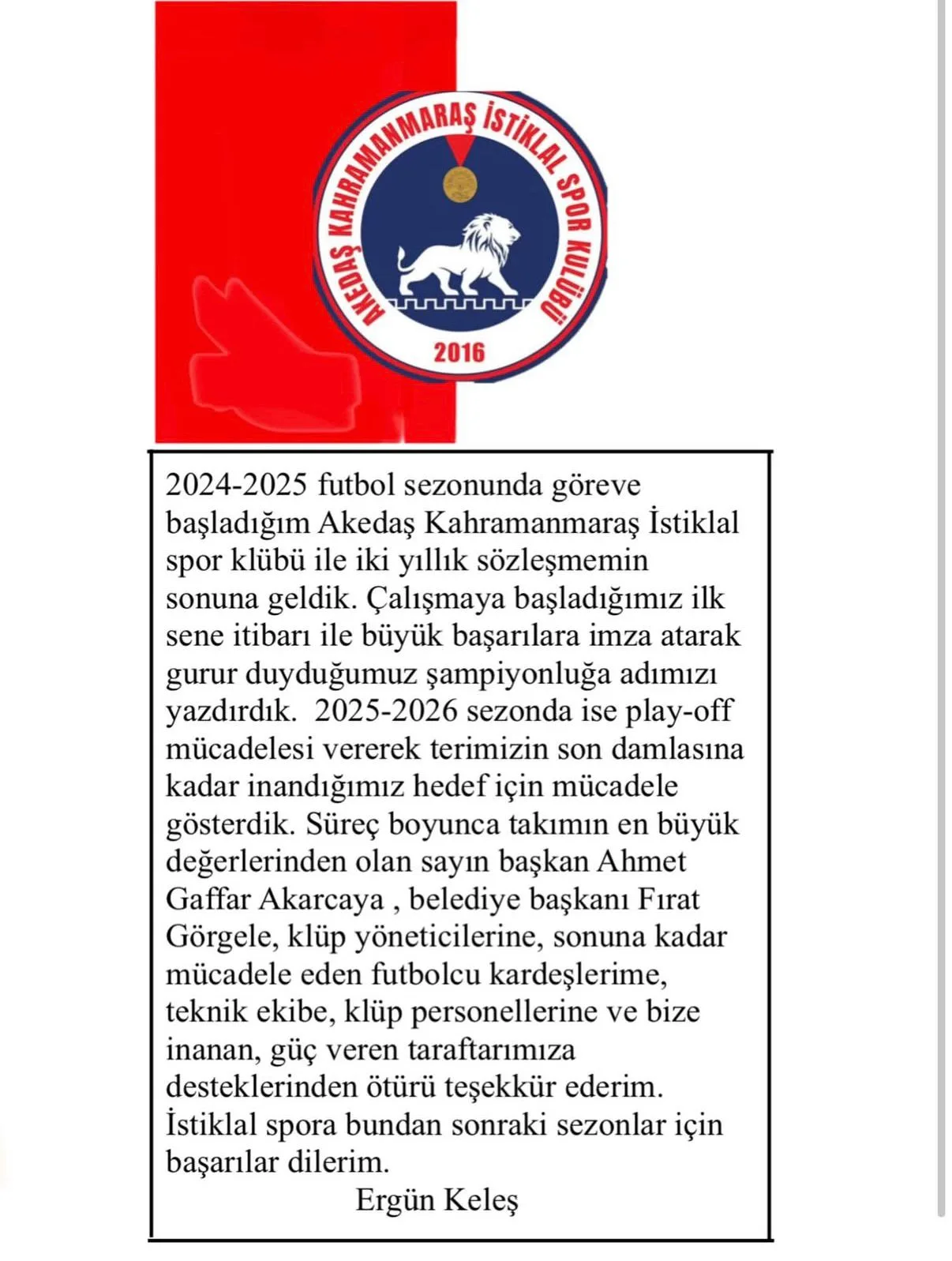 Kahramanmaraş İstiklalspor'da Flaş Ayrılık! (1)