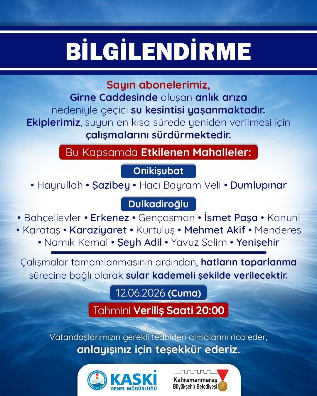Kahramanmaraş’ta 6 saatlik su kesintisi: Hangi ilçeler etkilenecek?-2