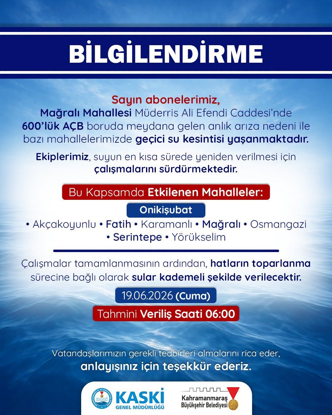 Kahramanmaraş’ta 14 saatlik su kesintisi: İşte etkilenecek bölgeler