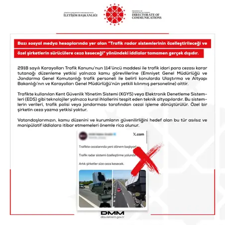Dmm; 'Trafik Radar Sistemlerinin Özelleştirileceği Ve Özel Şirketlerin Ceza Keseceği' Iddiası Gerçek Dışı