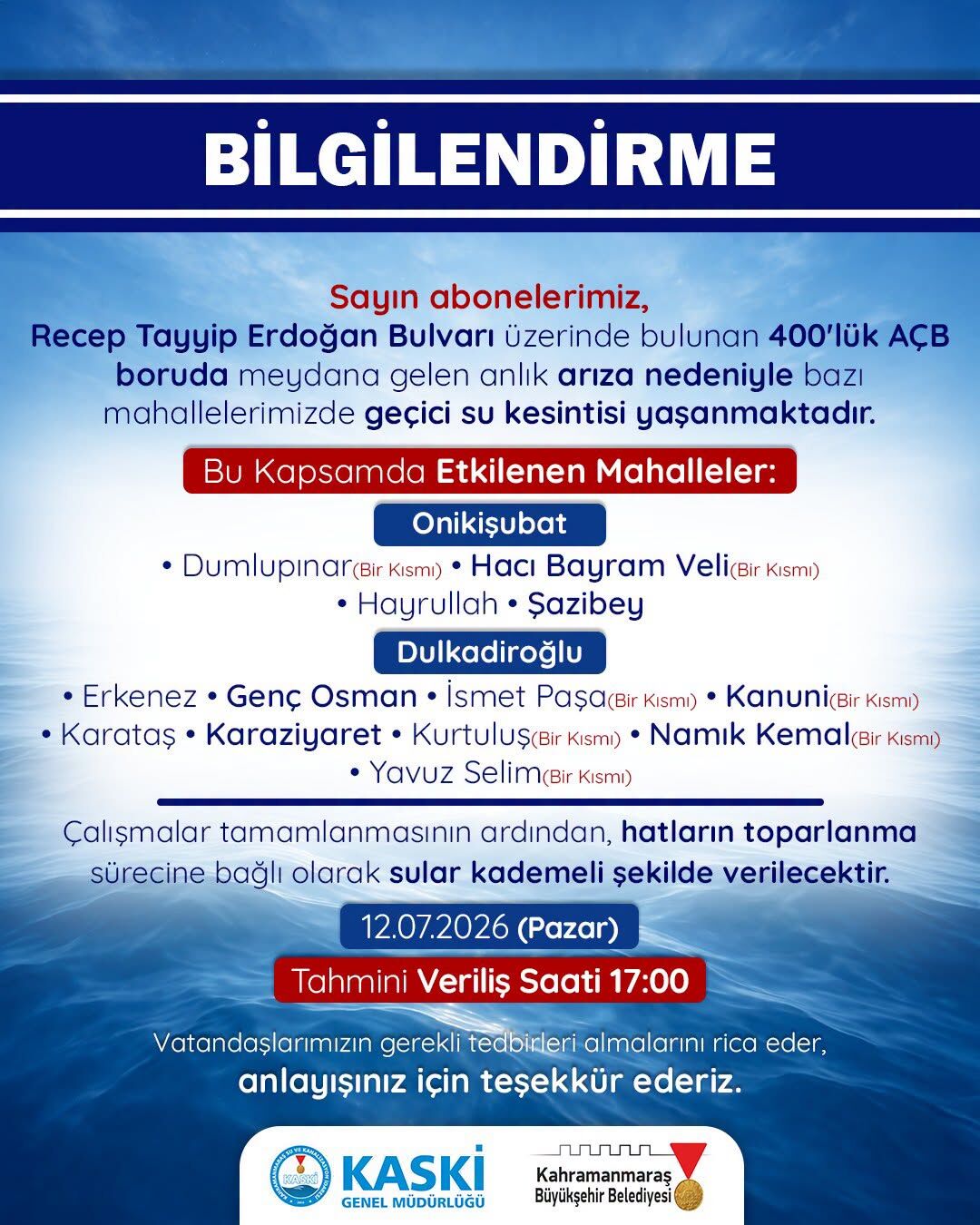 Kahramanmaraş’ta 5 saatlik su kesintisi: İşte etkilenecek bölgeler-1