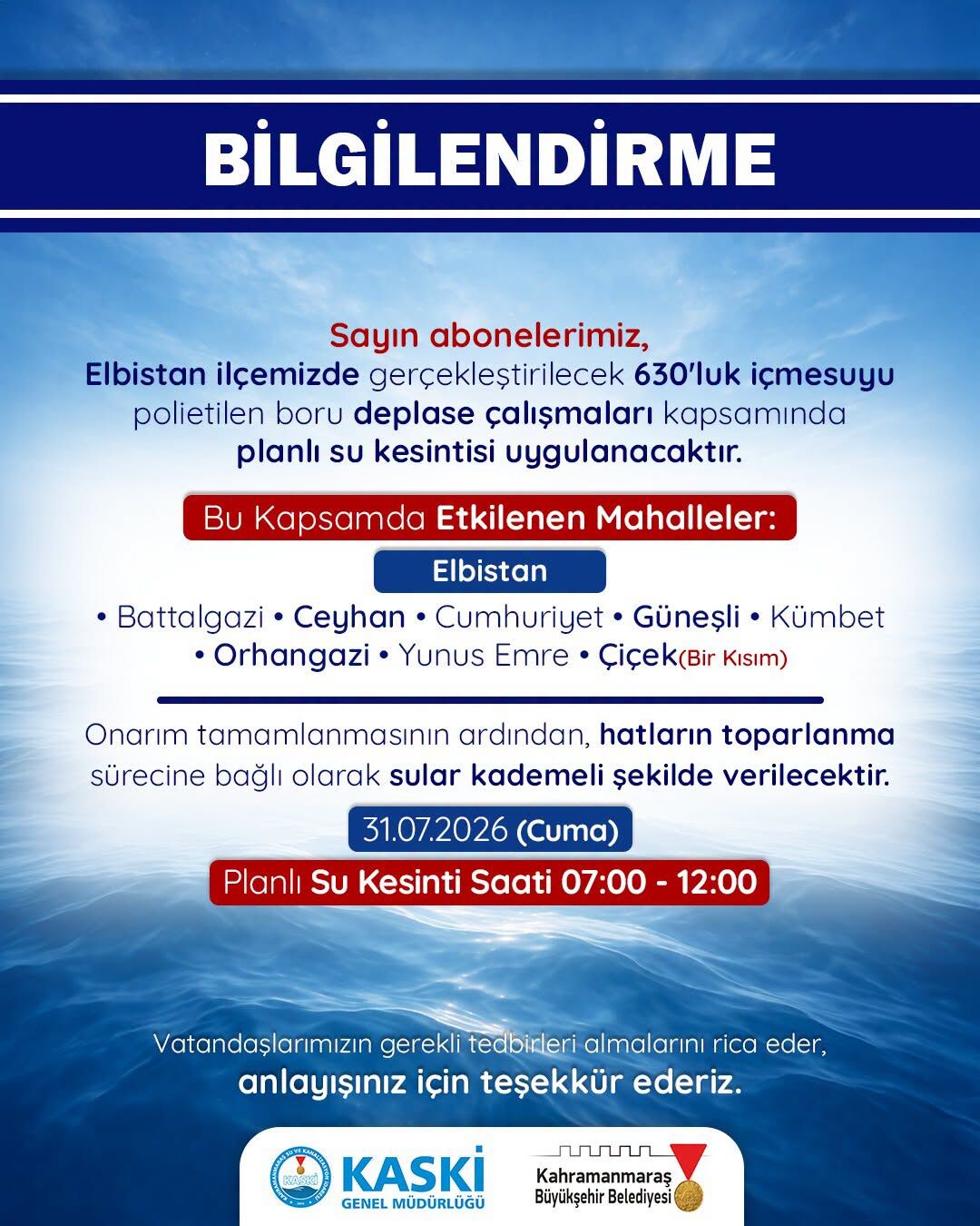 Kahramanmaraş’ta 5 saatlik su kesintisi: İşte etkilenecek ilçeler-1