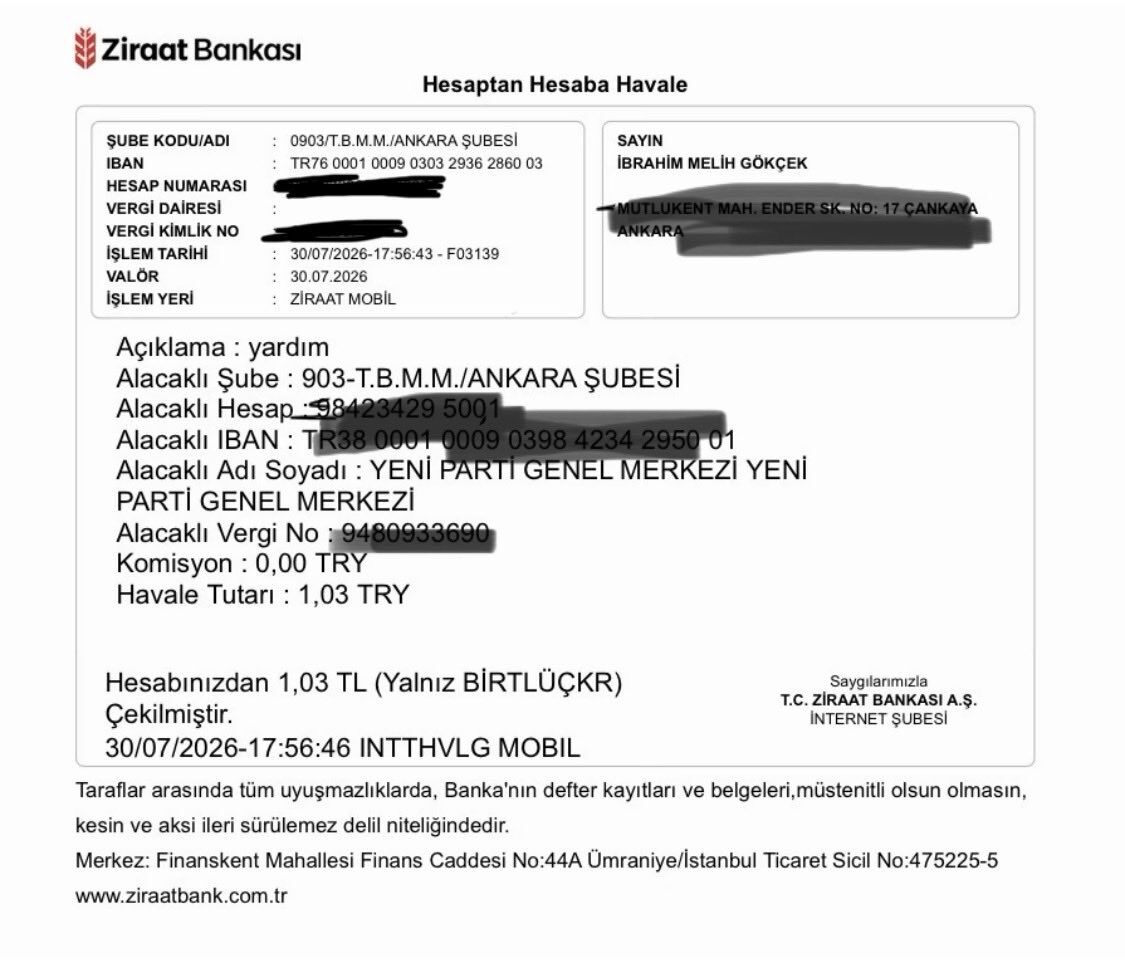 Melih Gökçek'in gönderdiği tutar gündem oldu