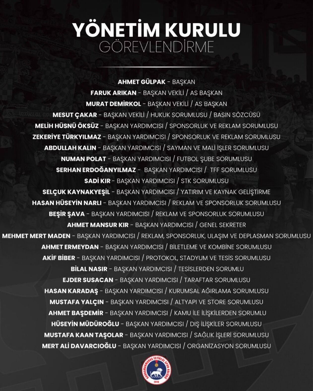 Kahramanmaraş İstiklalspor’da yeni yönetim kurulu görev dağılımı belli oldu