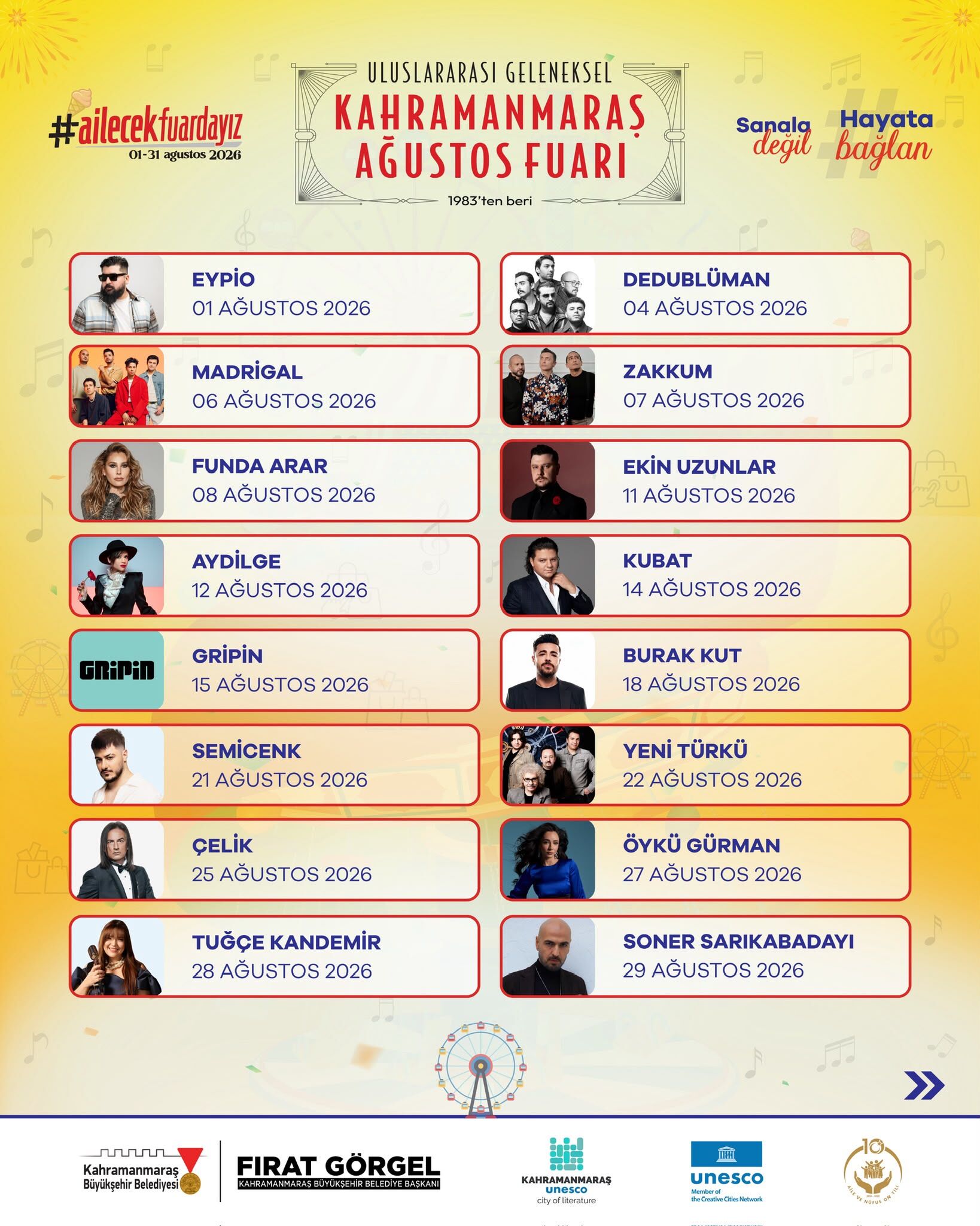 Kahramanmaraş Ağustos Fuarı'nın Konser Programı Açıklandı. Eypio, Semicenk, Gripin, Funda Arar, Soner Sarıkabadayı Ve 16 Ünlü Sanatçı Kafum'da Sahne Alacak (5)