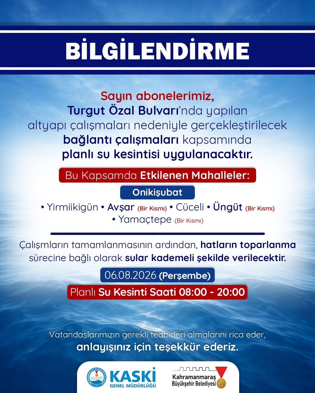 Kahramanmaraş’ta 12 saatlik su kesintisi: İşte etkilenecek bölgeler-1