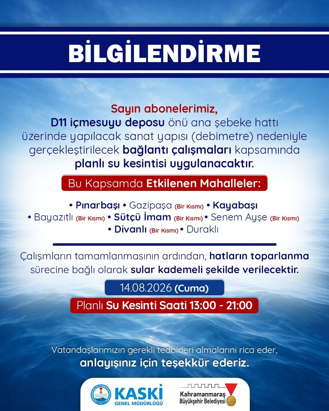 Kahramanmaraş’ta 8 saatlik su kesintisi: İşte etkilenecek bölge-1