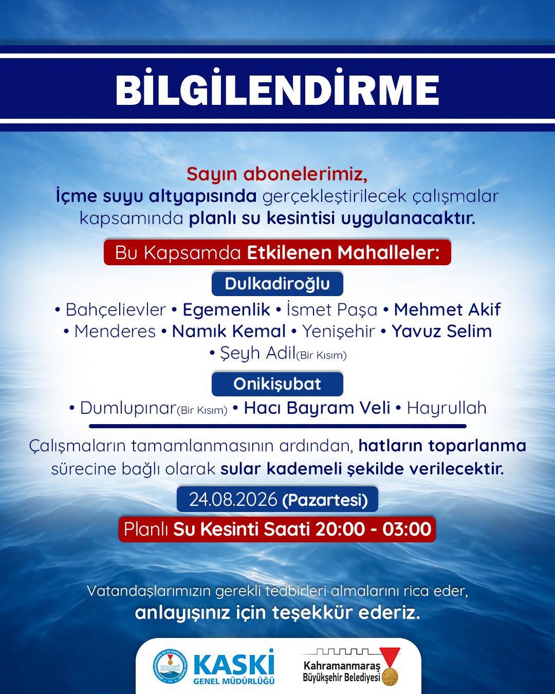 Kahramanmaraş’ta 7 saatlik su kesintisi: İşte etkilenecek bölgeler