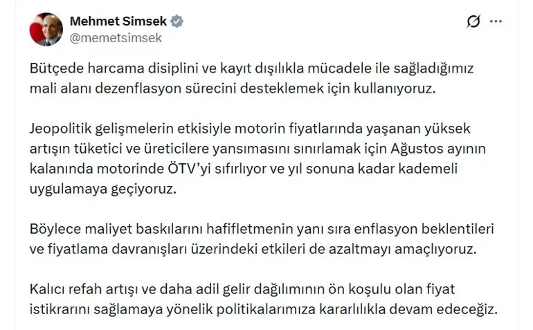 Bakan Şimşek; Ağustos Ayının Kalanında Motorinde Ötv'yi Sıfırlıyoruz