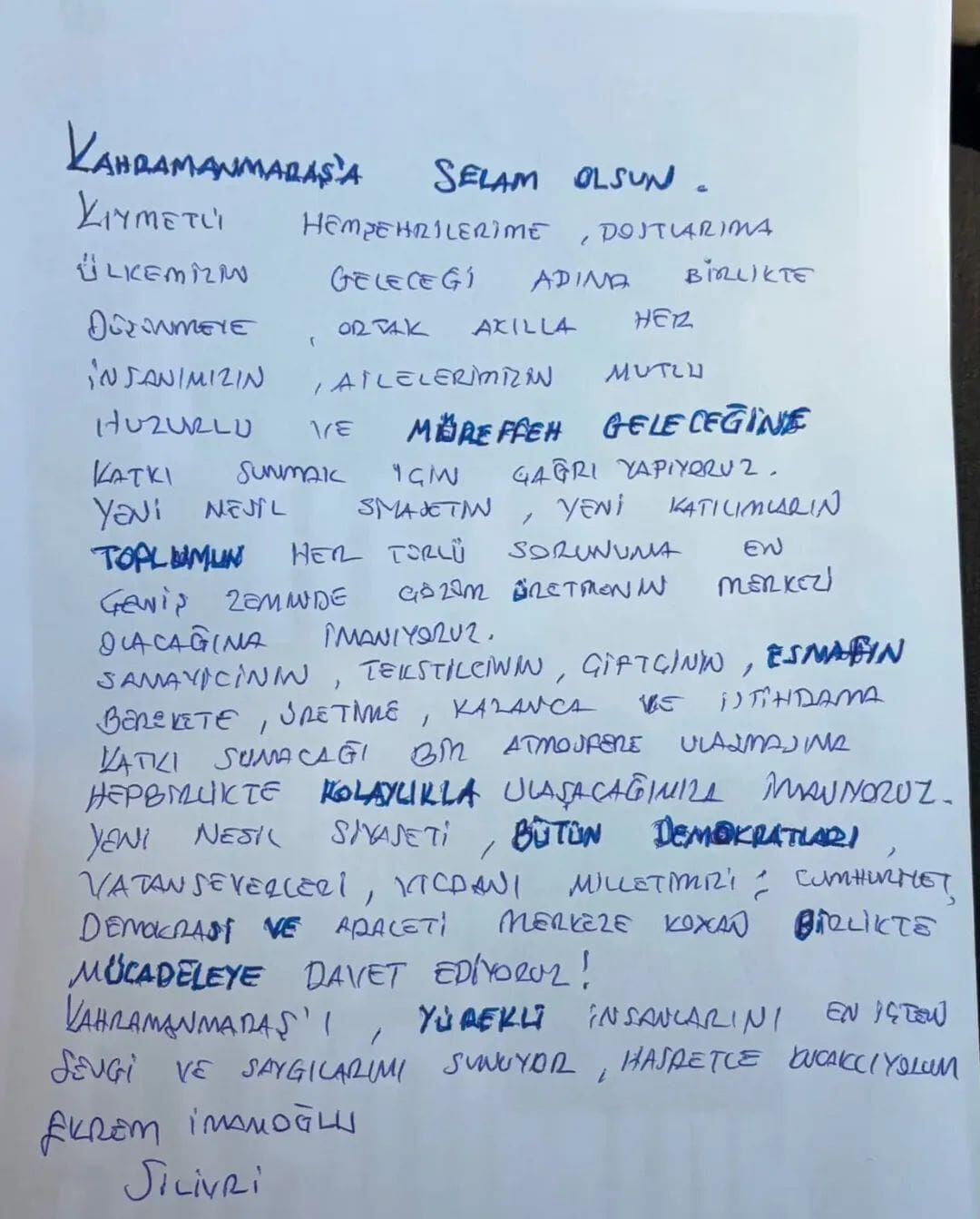 Ekrem İmamoğlu’ndan Kahramanmaraş’a Gönderilen El Yazısı Mesaj Ortaya Çıktı-1
